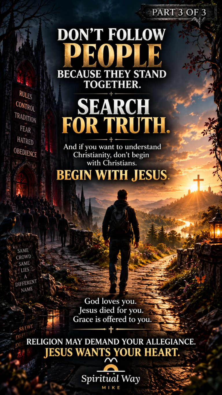 Don’t follow people because they stand together. Search for truth. And if you want to understand Christianity, don’t begin with Christians. Begin with Jesus. Rules Control Tradition Fear Hatred Obedience Same crowd same lies a different name. God loves you. Jesus died for you. Grace is offered to you. Religion may demand your allegiance. Jesus wants your heart. John 14:6 (KJV) “Jesus saith unto him, I am the way, the truth, and the life.”