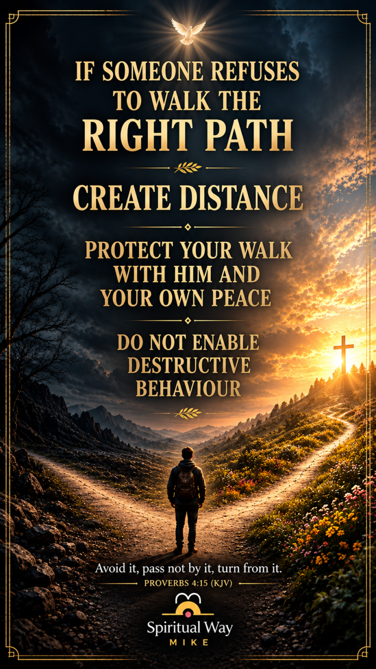 If someone refuses to walk the right path, create distance. Protect your walk with Him and your own peace. Do not enable destructive behaviour. Proverbs 4:15 (KJV) “Avoid it, pass not by it, turn from it.”