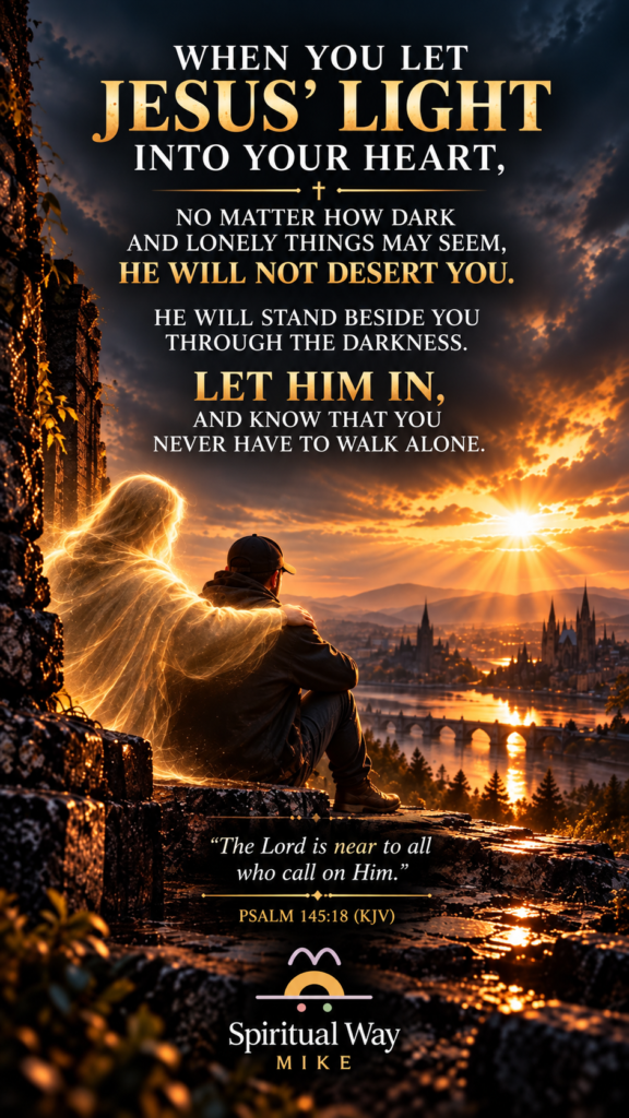 When you let Jesus’ light into your heart, no matter how dark and lonely things may seem, He will not desert you. He will stand beside you through the darkness. Let Him in, and know that you never have to walk alone. Psalm 145:18 (KJV) “The Lord is near to all who call on Him.”