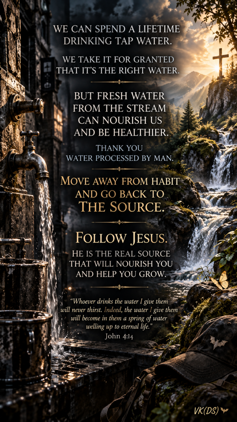 We can spend a lifetime drinking tap water. We take it for granted that it’s the right water. But fresh water from the stream can nourish us and be healthier. Think of water processed by man. Move away from habit and go back to the source. Follow Jesus. He is the real source that will nourish you and help you grow. John 4:14 “Whoever drinks the water I give them will never thirst. Indeed, the water I give them will become in them a spring of water welling up to eternal life.”