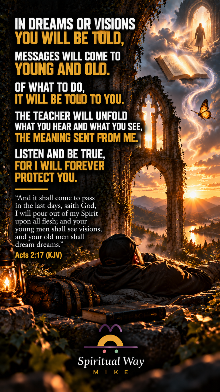 In dreams or visions you will be told, messages will come to young and old. Of what to do, it will be told to you. The teacher will unfold what you hear and what you see, the meaning sent from Me. Listen and be true, for I will forever protect you. Acts 2:17 (KJV) “And it shall come to pass in the last days, saith God, I will pour out of my Spirit upon all flesh; and your young men shall see visions, and your old men shall dream dreams.”