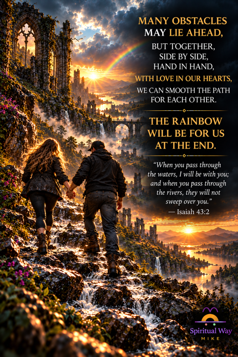 MANY OBSTACLES MAY LIE AHEAD, BUT TOGETHER, SIDE BY SIDE, HAND IN HAND, WITH LOVE IN OUR HEARTS, WE CAN SMOOTH THE PATH FOR EACH OTHER. THE RAINBOW WILL BE FOR US AT THE END. “When you pass through the waters, I will be with you; and when you pass through the rivers, they will not sweep over you.” — Isaiah 43:2