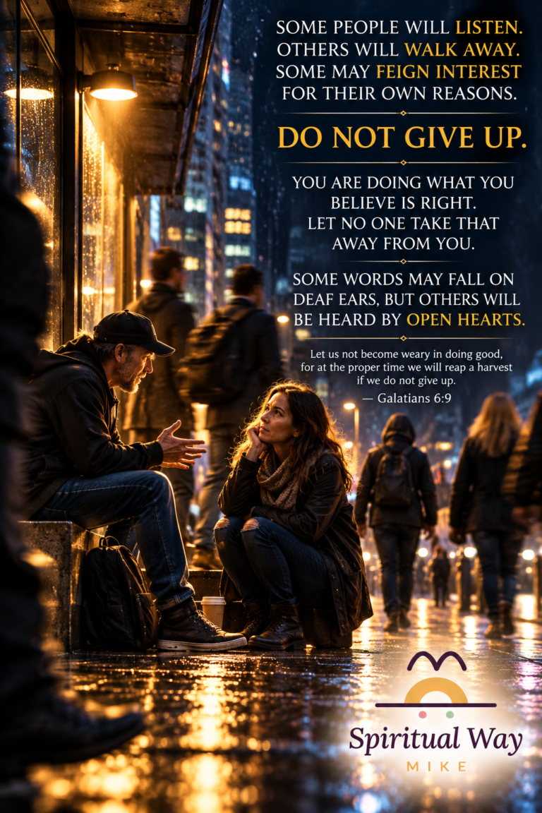 SOME PEOPLE WILL LISTEN. OTHERS WILL WALK AWAY. SOME MAY FEIGN INTEREST FOR THEIR OWN REASONS. DO NOT GIVE UP. YOU ARE DOING WHAT YOU BELIEVE IS RIGHT. LET NO ONE TAKE THAT AWAY FROM YOU. SOME WORDS MAY FALL ON DEAF EARS, BUT OTHERS WILL BE HEARD BY OPEN HEARTS. Let us not become weary in doing good, for at the proper time we will reap a harvest if we do not give up. — Galatians 6:9