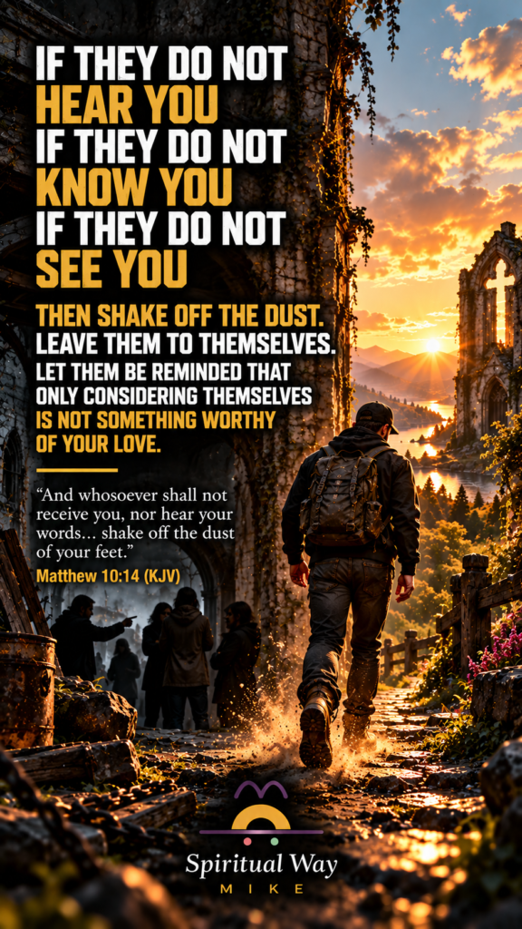 If they do not hear you, if they do not know you, if they do not see you, then shake off the dust. Leave them to themselves. Let them be reminded that only considering themselves is not something worthy of your love. Matthew 10:14 (KJV) “And whosoever shall not receive you, nor hear your words… shake off the dust of your feet.”