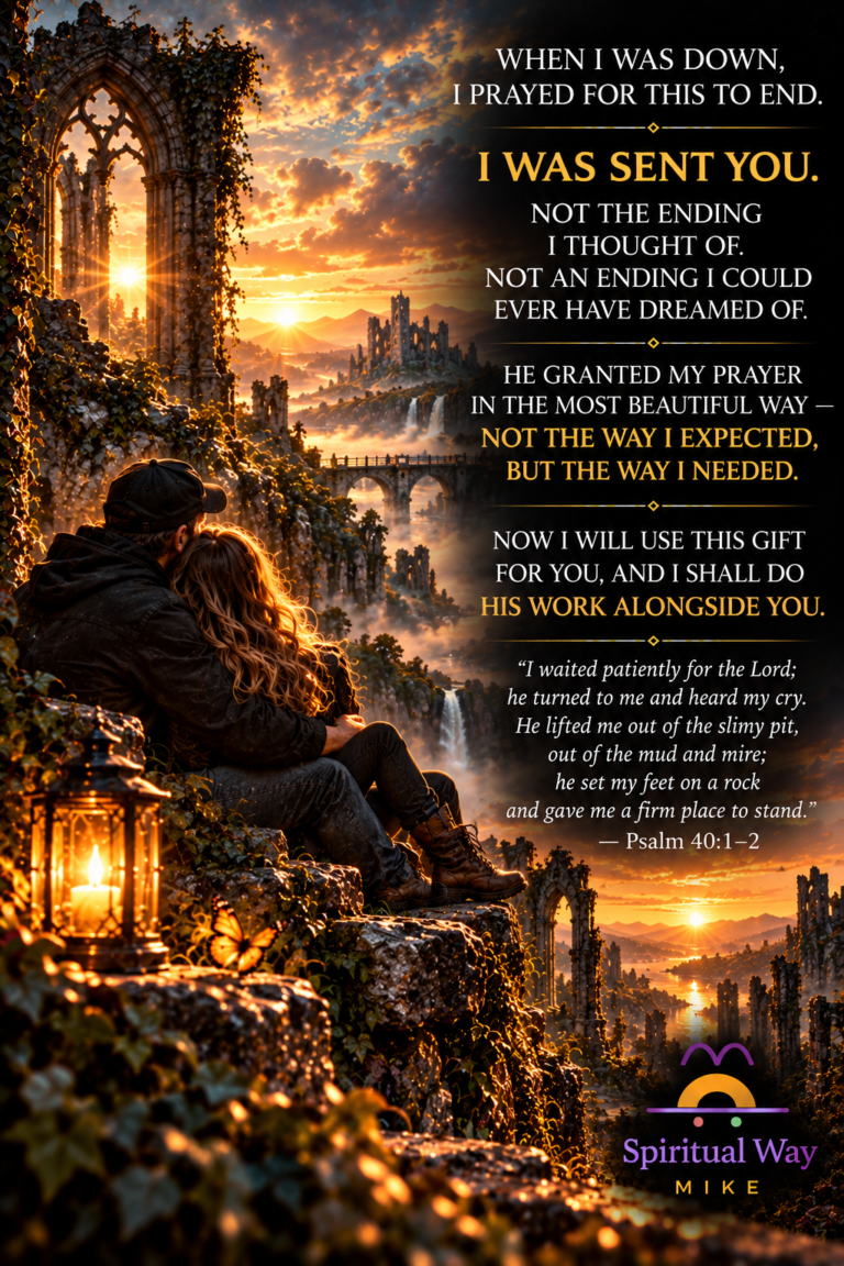 WHEN I WAS DOWN, I PRAYED FOR THIS TO END. I WAS SENT YOU. NOT THE ENDING I THOUGHT OF. NOT AN ENDING I COULD EVER HAVE DREAMED OF. HE GRANTED MY PRAYER IN THE MOST BEAUTIFUL WAY — NOT THE WAY I EXPECTED, BUT THE WAY I NEEDED. NOW I WILL USE THIS GIFT FOR YOU, AND I SHALL DO HIS WORK ALONGSIDE YOU. “I waited patiently for the Lord; he turned to me and heard my cry. He lifted me out of the slimy pit, out of the mud and mire; he set my feet on a rock and gave me a firm place to stand.” — Psalm 40:1–2
