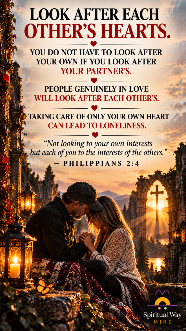 Look after each other’s hearts. You do not have to look after your own if you look after your partner’s. People genuinely in love will look after each other’s. Taking care of only your own heart can lead to loneliness. Philippians 2:4 “Not looking to your own interests but each of you to the interests of the others.”
