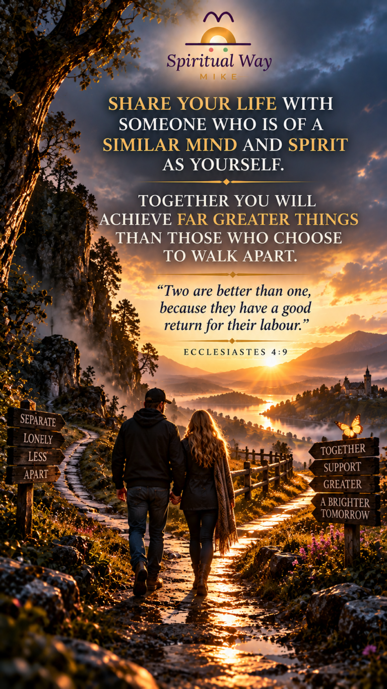 SHARE YOUR LIFE WITH SOMEONE WHO IS OF A SIMILAR MIND AND SPIRIT AS YOURSELF. TOGETHER YOU WILL ACHIEVE FAR GREATER THINGS THAN THOSE WHO CHOOSE TO WALK APART. “Two are better than one, because they have a good return for their labour.” — ECCLESIASTES 4:9 SEPARATE LONELY LESS APART TOGETHER SUPPORT GREATER A BRIGHTER TOMORROW