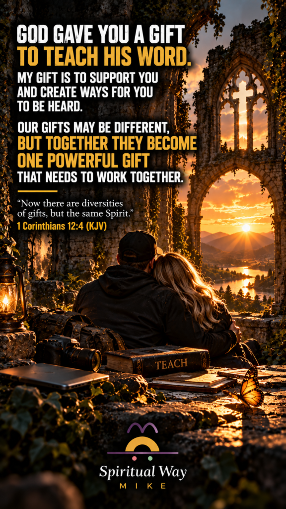 God gave you a gift to teach His Word. My gift is to support you and create ways for you to be heard. Our gifts may be different, but together they become one powerful gift that needs to work together. 1 Corinthians 12:4 (KJV) “Now there are diversities of gifts, but the same Spirit.” TEACH