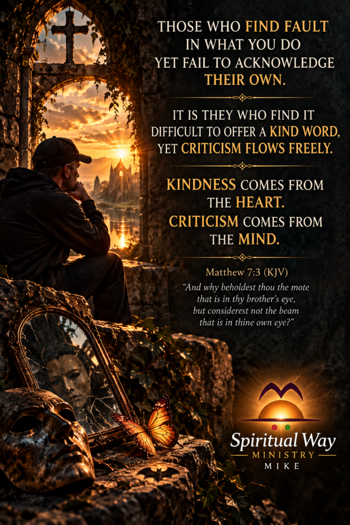 A man in a baseball cap reflects in gothic ruins at sunset, with a mirror, masks, butterfly and Christian cross.